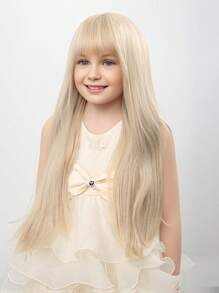 儿童长款金色直发假发，带刘海的儿童金色假发，女童浅金色长款假发，合成假发