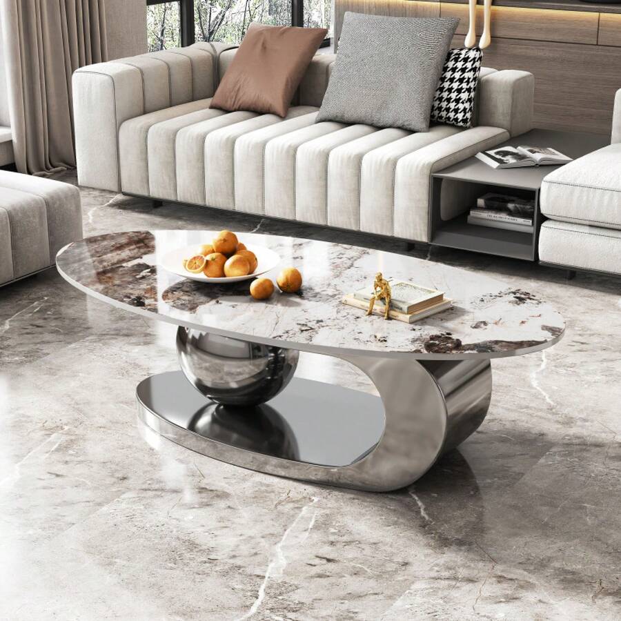51 Inches Oval Faux Marble Coffee Table For Living Room With Stainless Steel Base - 銀色 - 查看 1