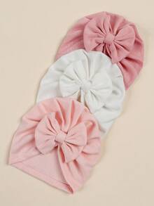 3pcs Baby & Kids Soft Breathable Diamond Pattern Cute Bow Stretchy Beanie Hats - Multicolor - View 2