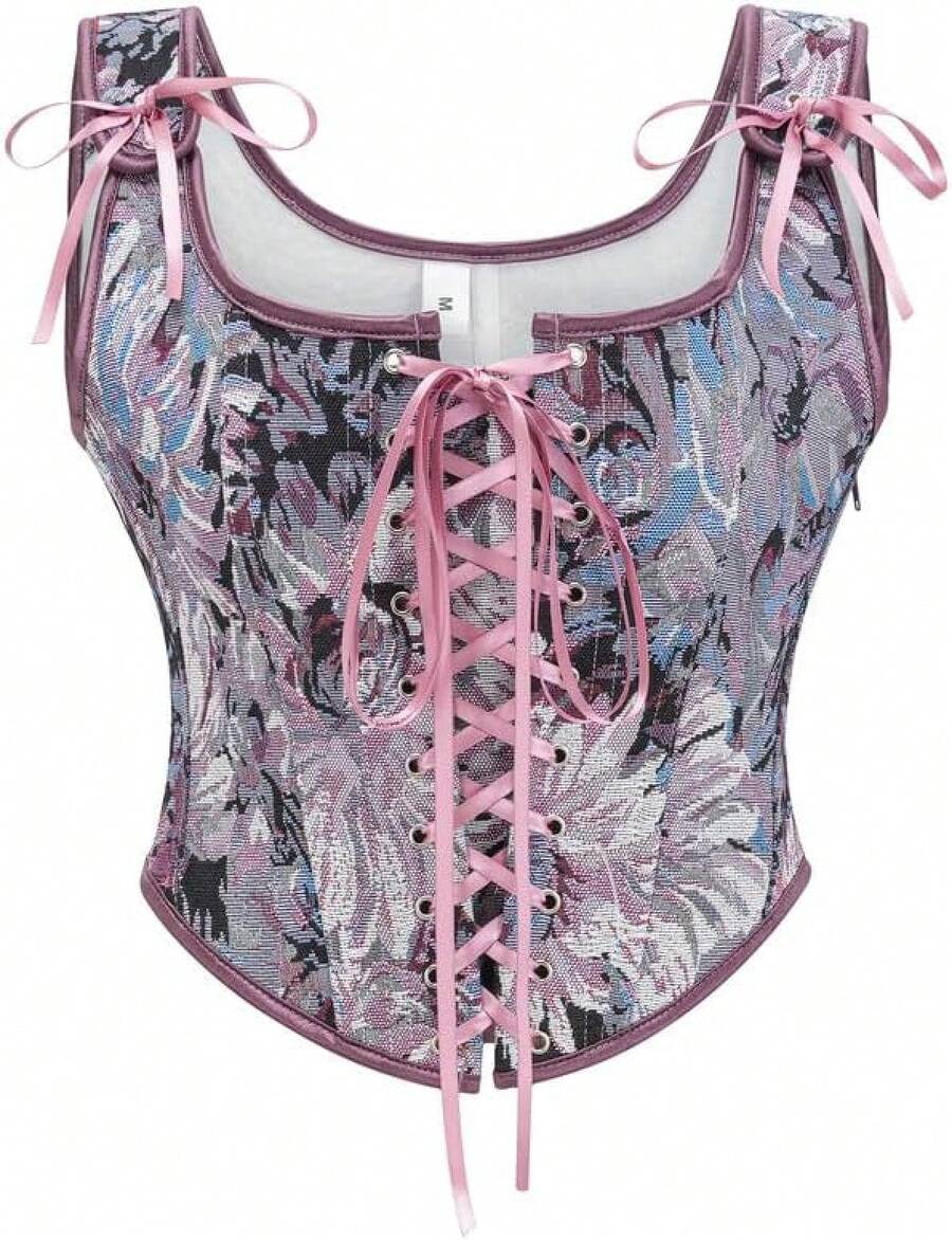 Womens Vintage 1920s Renaissance Lace Trim Corset Bustier, Retro Fashion - 紫色雛菊 - 查看 1