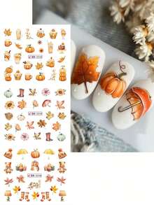 12/24designs 3D 卡通秋季南瓜指甲贴纸，秋季枫叶狐狸熊动物转印滑块，万圣节圣诞节 DIY 美甲艺术装饰技巧，美甲沙龙配件工具，美甲用品 - 彩色 - 查看 3