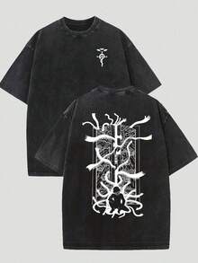 230g Double-Sided Washed, Masked Mysterious Men's Printed T-Shirt, High-Quality Wax Printed Cotton Retro Fashion Brand T-Shirt, Men's T-Shirt, Beach Essential, Summer T-Shirt, Holiday Gift, Perfect Gift - 黑色 - 查看 1