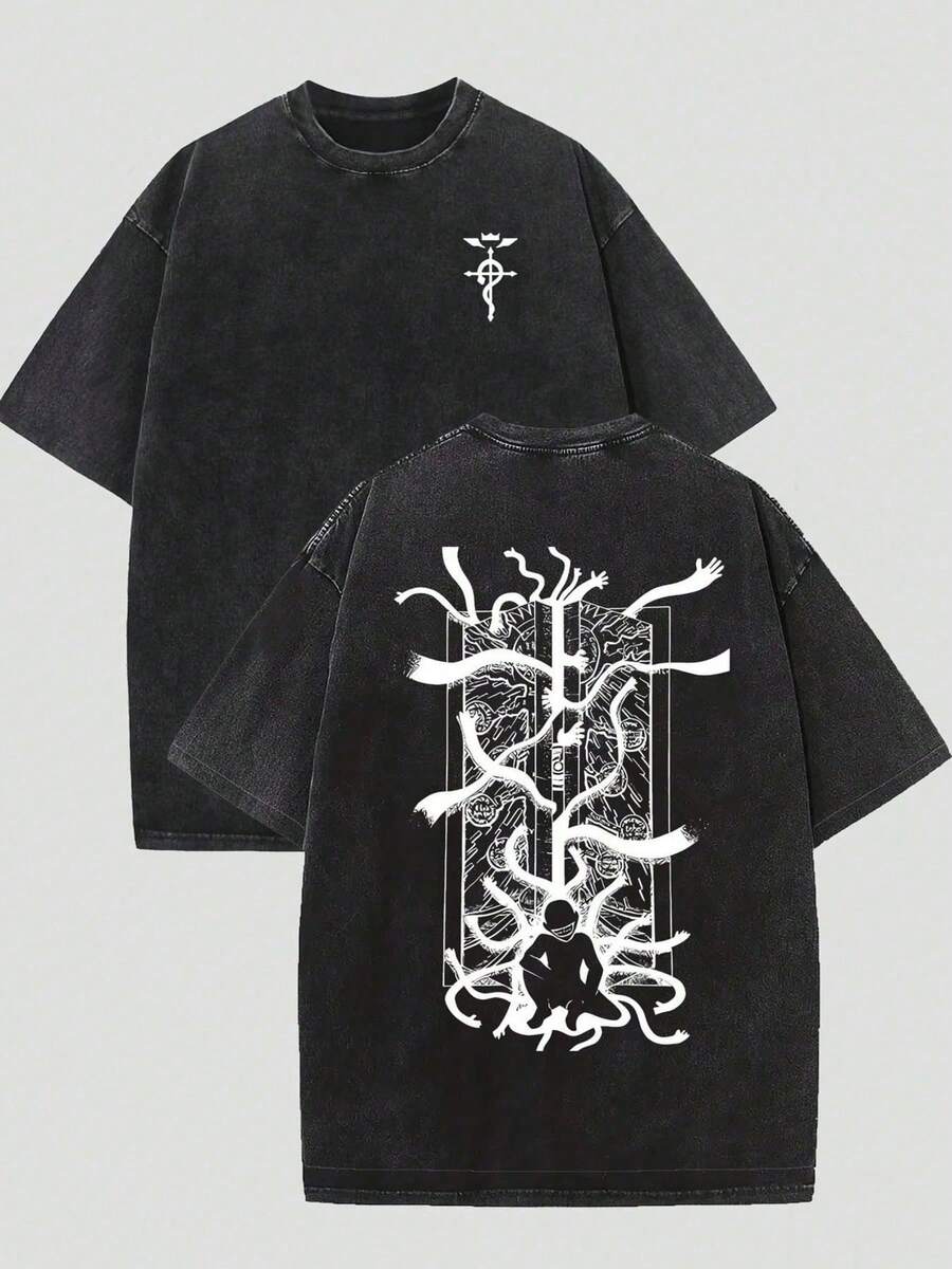 230g Double-Sided Washed, Masked Mysterious Men's Printed T-Shirt, High-Quality Wax Printed Cotton Retro Fashion Brand T-Shirt, Men's T-Shirt, Beach Essential, Summer T-Shirt, Holiday Gift, Perfect Gift - 黑色 - 查看 1