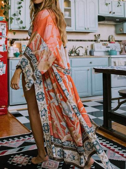 Women Casual Loose Overall, Female Tangerine Floral Printed Pattern Long Sleeve One-Piece