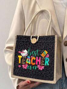 Túi vải lanh in chữ hoa "Best Teacher" (Người thầy tuyệt vời nhất), quà tặng Ngày Nhà giáo, túi tote in hình có thể tái sử dụng, túi tote đi làm hàng ngày. - Màu Khaki - Xem 11