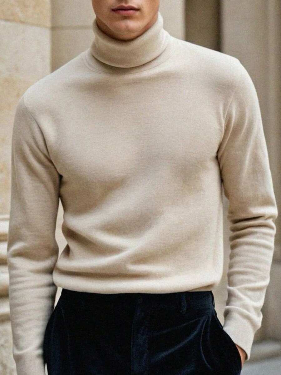 Áo len cổ lọ tay dài màu trơn thường ngày đa năng cho nam, thu đông - Màu be - Xem 1
