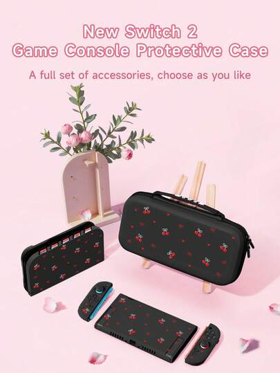 1 件 Cherry、心形、蝴蝶结图案保护壳，兼容 Switch2/Switch NS/Switch OLED/Lite，兼容 Switch/Switch 2 游戏机配件，全套包括收纳袋、卡槽底座、Switch 保护套，兼容 Switch 玩家的最佳礼物