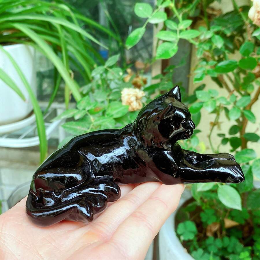1 件天然黑曜石斜倚猫、石英猫、水晶动物饰品、石英雕刻、男女礼物、水晶疗愈、手工制作（尺寸可能有 1-3 毫米差异） - 黑色 - 查看 1