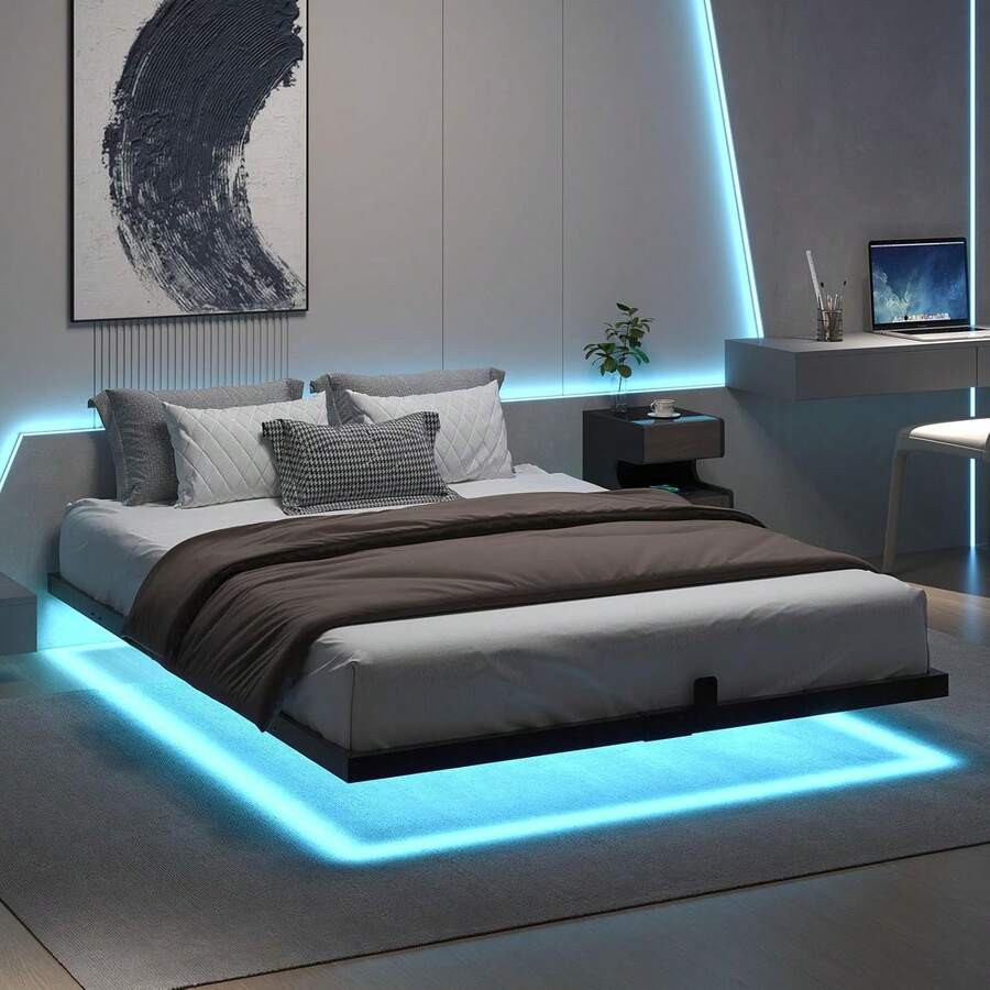 Floating Bed Frame With LED Light, LED Metal Platform Bed Frame With Heavy Duty Steel Slats, No Box Spring Needed, Easy To Assemble, Full/ Queen/ King, Black ( USB LED Strip)