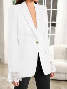 时尚优雅的黑色纯色蕾丝拼布西装外套 - 白色 - 查看 2