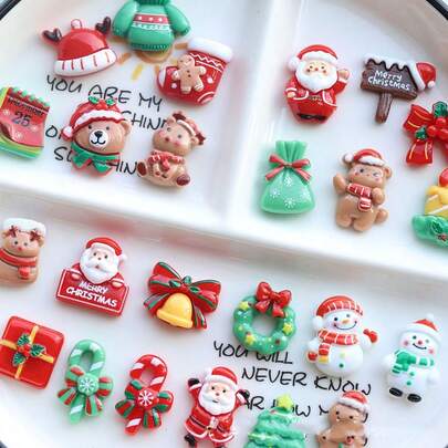 5pcs/10pcs/20pcs Mini Cute Christmas Decorations, Resin Mini Santa Claus, Snowman, Christmas Wreath, Gingerbread Man, Christmas Stocking, Bell, Candy Cane, Christmas Gift, Christmas Figurine, Christmas Ornaments, For Handmade, Scrapbooking, DIY Phone Case, Water Bottle, Fridge Magnet, Christmas Decor, Birthday Party Tabletop Decor, Random Color & Style