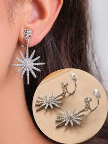 1 对时尚水钻星星和几何设计夹式耳环，适合女士佩戴，外观闪亮优雅，适合日常佩戴和送礼 - 耳夾 - 查看 5