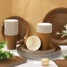 100Pcs Brown Tableware Set Fall Disposable Dinnerware Set 50Pcs Paper Plates 25Pcs Napkin 25Pcs Cups For Wedding Birthday Bride Shower Party Supplies Table Decor - 巧克力棕 - 查看 6