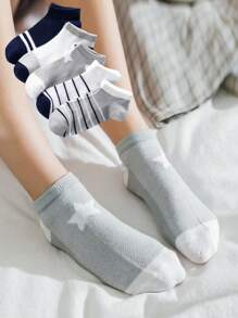 10 Pairs Random Color & Style Girl's Letter Mesh Breathable Ankle Socks, Suitable For Everyday Wear