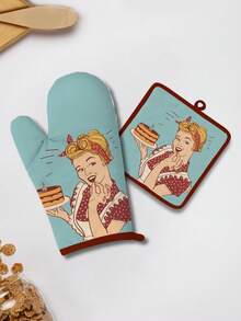 Set Of 1 Insulated Glove & Heat Resistant Mat, Polyester Fiber + Cartoon Character Series, Home/Kitchen Oven Mitt, Baking Glove With Trivet Mat, Protection For Thanksgiving, Halloween
