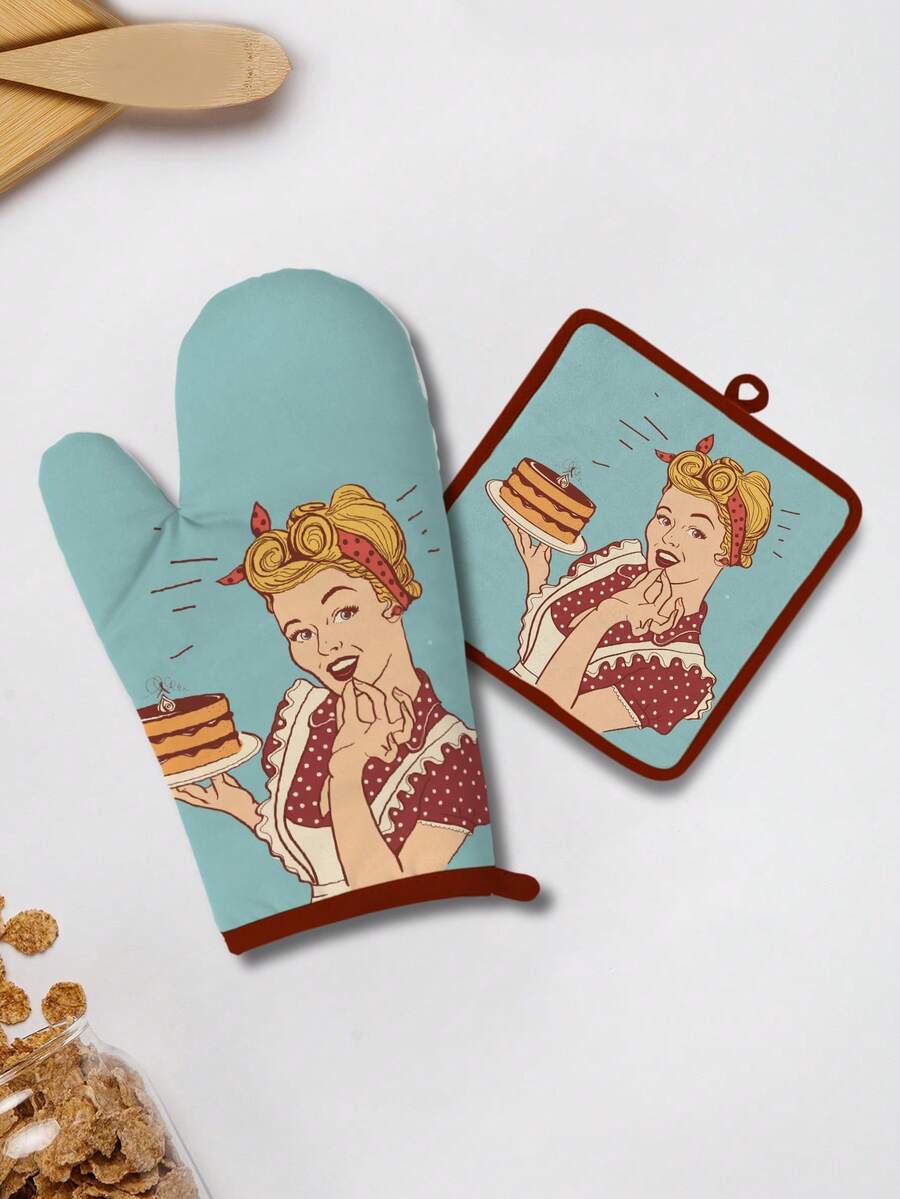 Set Of 1 Insulated Glove & Heat Resistant Mat, Polyester Fiber + Cartoon Character Series, Home/Kitchen Oven Mitt, Baking Glove With Trivet Mat, Protection For Thanksgiving, Halloween