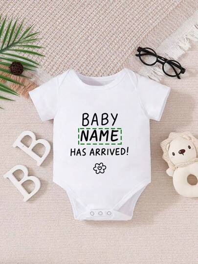 [Customized] Personalized Name Customized Baby Girls Short Sleeve Bodysuit, Cute Floral Pattern Design, Adorable Casual Bodysuit - White Round Neck Style, Comfortable & Breathable