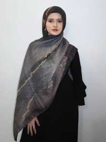 1 pièce Foulard imprimé de peinture à l'aquarelle, style bohème Foulard musulman femme imprimé marbré doré, foulard en mousseline de mode léger, convient pour abaya, toutes saisons