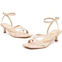 Athlefit Tacones De Mujer Strappy Kitten Heels Square Toe Ankle Strap Sandals Dressy Party Shoes - 裸體 - 查看 5