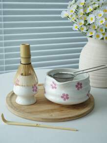 1pc/2pcs/4pcs/5pcs Cherry Blossom & Matcha Bowls Set, Japanese Tea Set Includes Matcha Bowl With Spout, Bamboo Matcha Whisk, Matcha Scoop, Whisk Stand, Stainless Steel Sieve, 5-Piece Perfect Matcha Set Back To School