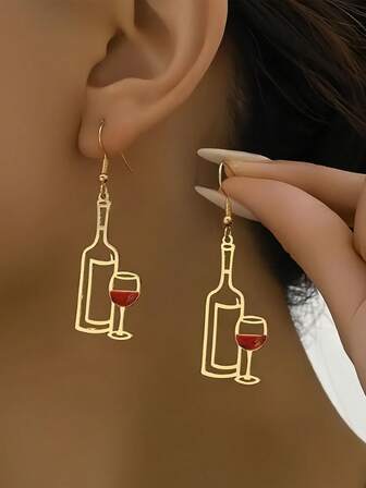 1 Pair Fashionable Hollow Wine Glass & Wine Bottle Design Earrings, Simple & Creative Party Jewelry