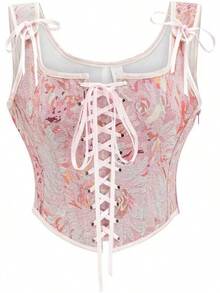 Womens Vintage 1920s Renaissance Lace Trim Corset Bustier, Retro Fashion - Pink Daisy - View 1