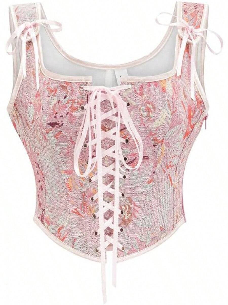 Womens Vintage 1920s Renaissance Lace Trim Corset Bustier, Retro Fashion - Pink Daisy - View 1
