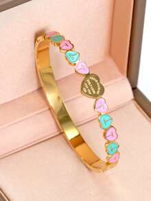 18K镀金316L不锈钢心形手链，适合女性日常佩戴，欧美经典流行款式，镶嵌方晶锆石，大方奢华腕饰，婚礼首饰套装，送给女孩、女士、母亲、亲戚、朋友的礼物，美丽的婚礼、生日、母亲节、女友/情人节 - 彩色 - 查看 16