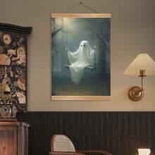 1 件秋千帆布海报 - 可怕的万圣节墙壁艺术与可爱的幽灵，带框卡通风格装饰，适合客厅、卧室或家庭办公室，室内使用，非常适合儿童房或浴室，万圣节装饰