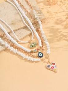 4 件套绿松石陶瓷串珠项链，时尚贝壳珍珠，猫头鹰，心形绿眼吊坠项链，适合日常佩戴和旅行 - 多色 - 查看 4