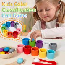 Wooden Color Sorting Toy Set With Cups And Balls, Fine Motor Skills Training Pinching Beads Game, Suitable As Birthday And Christmas Educational Toy Gift