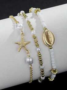 Conjunto de tornozeleiras femininas com 3 peças de conchas de estrela do mar e contas de vidro