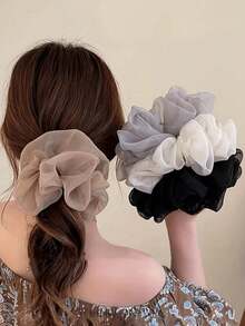 1pc French Mesh Big Scrunchie, High-End Hair Tie For Ponytail, Chiffon Extra Large Foam Hair Scrunchies, Suitable For Daily Styling, Dates, Gatherings, Photos, Spring/Summer Outfits Accessories Head Accessories