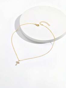 1pc Women's Gold-Color Rhinestone Cross Pendant Necklace, Suitable For Everyday Wear