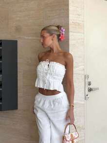 女士纯色荷叶边系带短款背心，皱褶紧身胸衣款式，适合约会、派对、生日、日常穿着和夏季