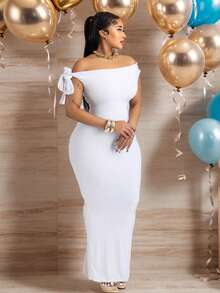 JustVH 不对称领口修身孕妇长裙，优雅纯色派对礼服，适合婴儿派对和春季白色写真拍摄 - 白色 - 查看 9