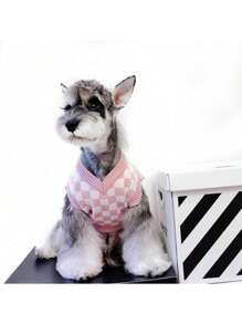 1pc Dog Plaid V-Neck Puppy Sweater, Pink/White Cat Knit Pet Clothes, Prevents Shedding, Suitable For Indoor/Outdoor Wear