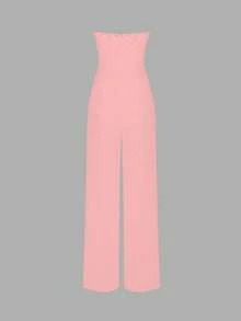 女士纯色简约优雅直筒连体裤，优雅性感春夏款，高腰修身，适合办公室约会 - 粉色 - 查看 3