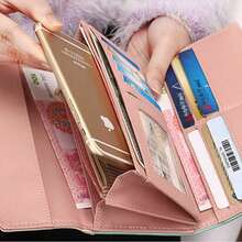 Women Ladies Fashion Leather Tri-Fold Long Wallet Envelop Clutch Cell Phone Pocket Credit Card Holder Purse Handbag - 粉色 - 查看 6