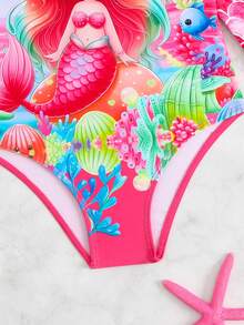 Bộ đồ bơi liền thân dài tay in hình nàng tiên cá hoạt hình cho bé gái - Màu Hồng Tươi - Xem 4