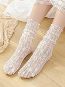 5 Packs Women Summer Ultra Thin Floral Transparent Ice Glass Filament Long Tube Korean Lace Medium Tube Crystal Socks Lolita Socks