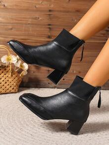 Women's Square Toe High Heel Shoes, Thick Heel Faux Leather Boots With Back Zipper, Suitable For Autumn/Winter - Black - View 5