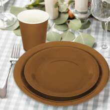 100Pcs Brown Tableware Set Fall Disposable Dinnerware Set 50Pcs Paper Plates 25Pcs Napkin 25Pcs Cups For Wedding Birthday Bride Shower Party Supplies Table Decor - 巧克力棕 - 查看 8