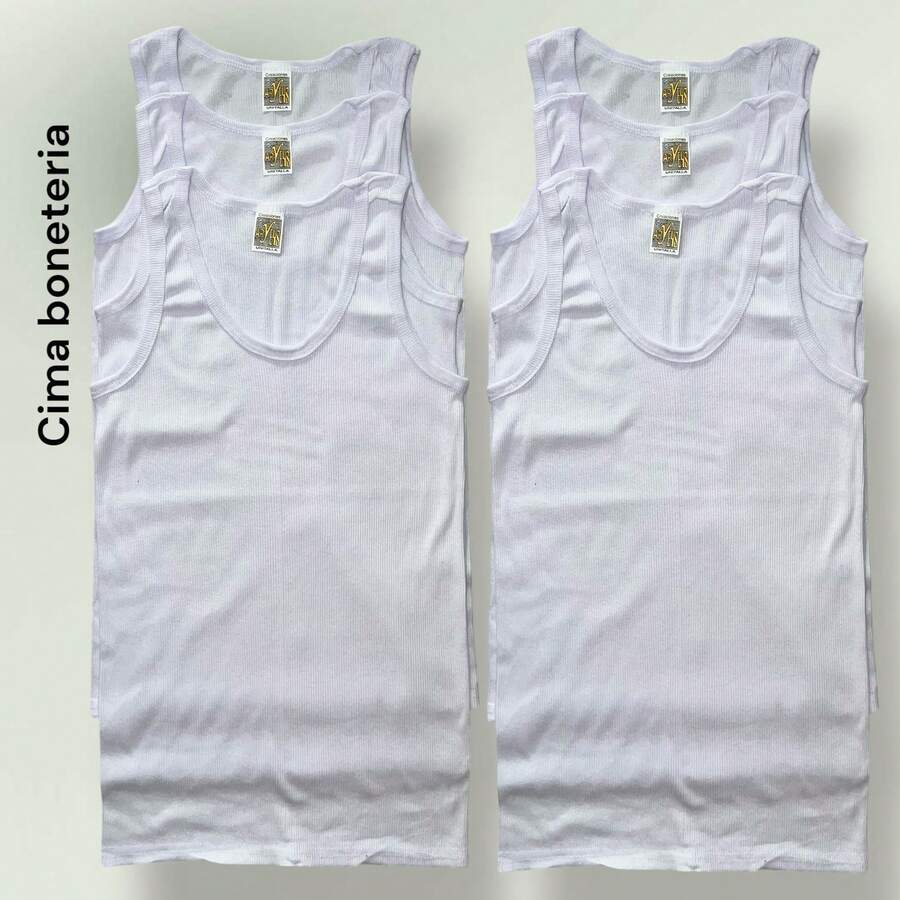 CIMA BONETERIA 6 PIEZAS CAMISETA RESAQUE ALGODÓN UNITALLA INTERIOR PARA HOMBRE TALLAS DIFERENTE TELA RIB TRANSPIRABLE - Blanco - Ver 1
