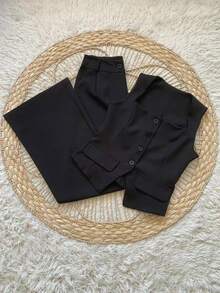 Formal Set Wide Leg Pants High Waist Pockets Tailoring Vest Buttons Simple Elegant Casual Pocket Zipper - 黑色 - 查看 2