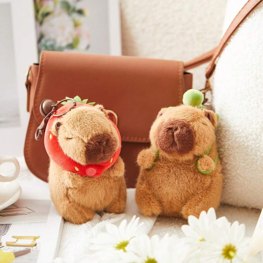 2 Pcs Capybara Plush Keychain Capybara Stuffed Animals Toy Pendant For Graduation Gifts Exchange Birthday Party(Turtle Bag, Strawberry Hood) - Turtle Bag strawberry Hood - 查看 1