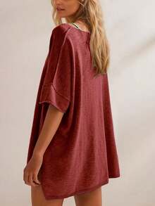 Women's Oversized T Shirts Casual Summer Crew Neck Loose Dropped Short Sleeve Side Slit Hem Blouse Tunic Tops - Màu Đỏ Sâu - Xem 5
