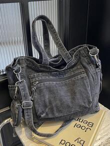 תיק אופנה חדש וקז'ואל מבד ג'ינס רך מכוסה עם כיסים מרובים (עם ארנק למטבעות), תיק נסיעות גדול בצבע אחיד, תיק מזוודות, תיק כתף רב-תכליתי לנסיעות, תיק ספורט לחדר כושר, תיק שליח רטרו לסטודנטים, מתאים לעבודה, קניות, נסיעות, ספורט ושימוש בית ספר - שחור - ראה 3