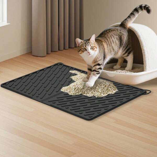 1pc, Cat Litter Pad With Grooves And Raised Edges, Foldable Pet Pad With Hanging Ears, Silicone Cat Litter Pad, Cat Rubbing Foot Pad, Leak Proof Cat Litter Pad, Urine/Waterproof, Garbage Scattering Control, Easy To Clean
