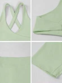 GAOVOT Conjunto de 2 piezas de mujer para verano, estilo Y2K, casual, deportivo, para correr, ejercicio, yoga, de unicolor, sexy, con top corto y shorts deportivos - Verde - Ver 9